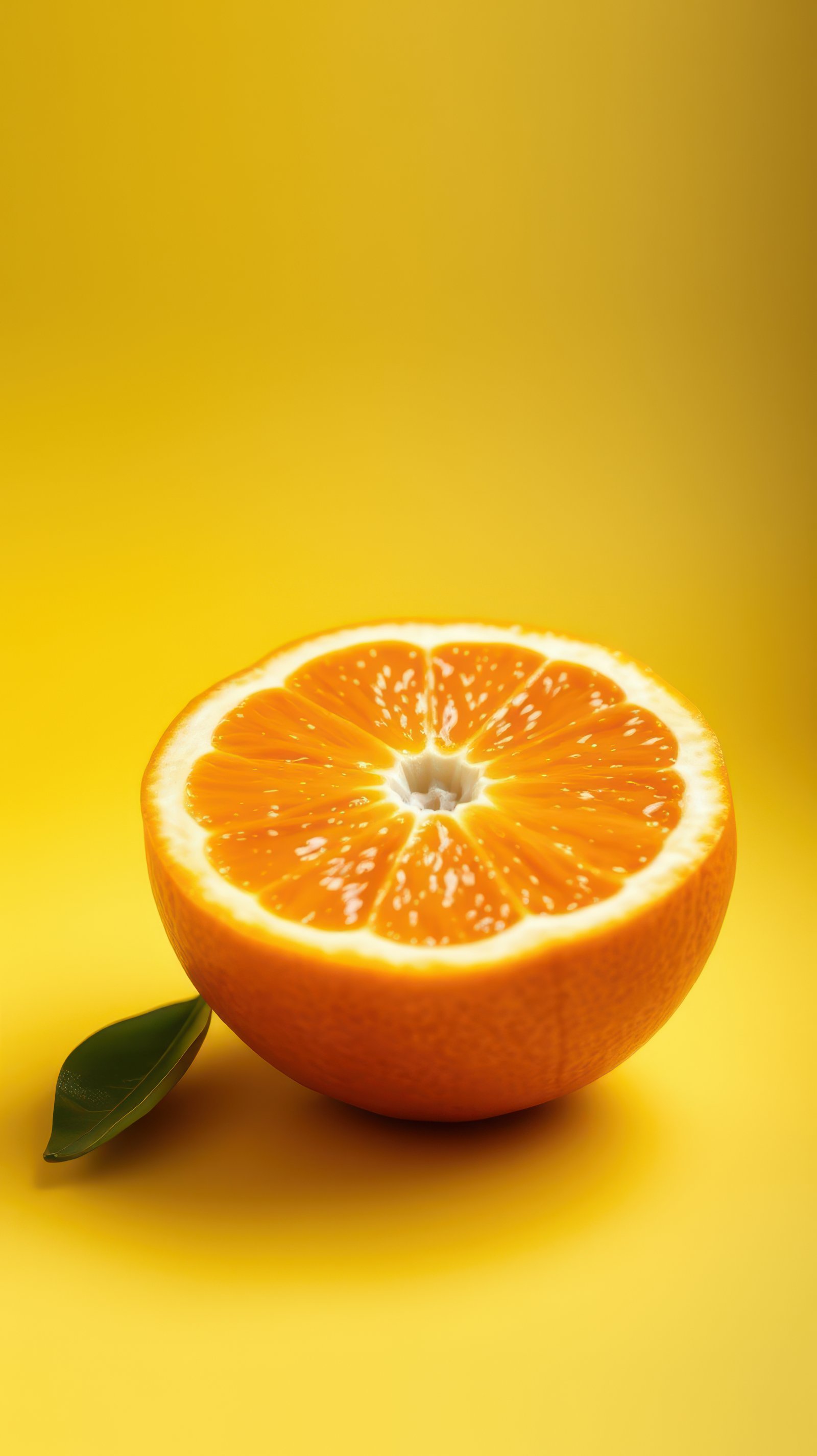 A halved orange rests on a bright yellow surface, showcasing its juicy segments and a single green leaf